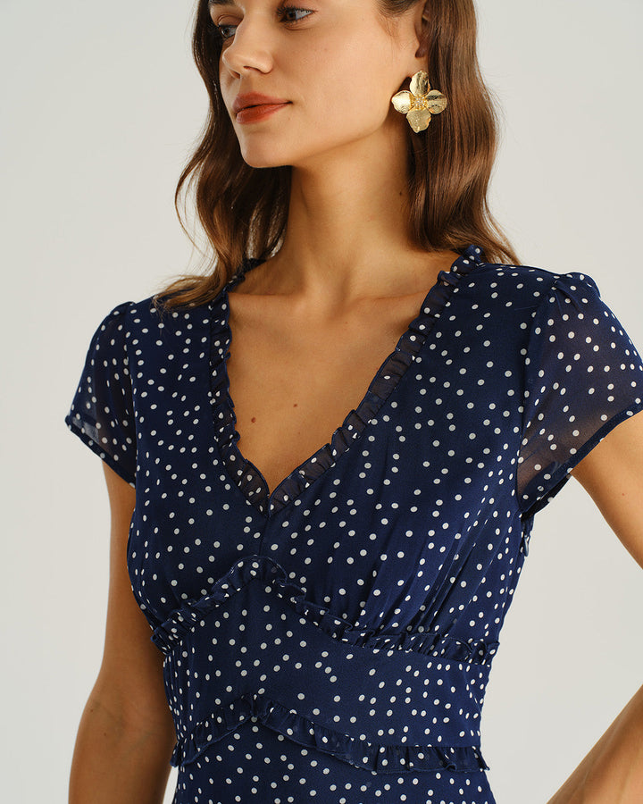 Navy Polka Dot Cap Sleeve Midi Dress