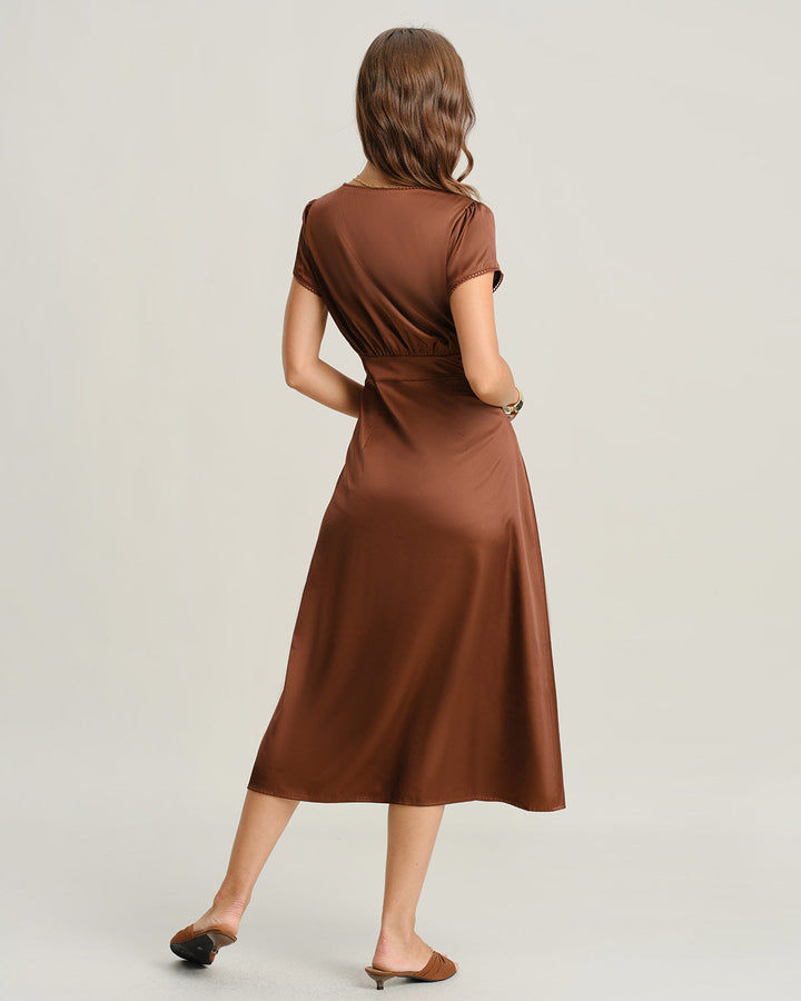 Brown V Neck Cap Sleeve Midi Dress