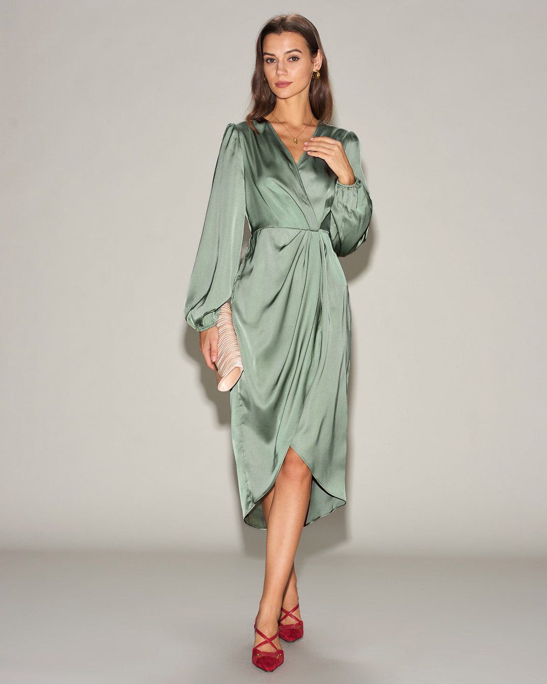Green Satin Ruched Midi Dress