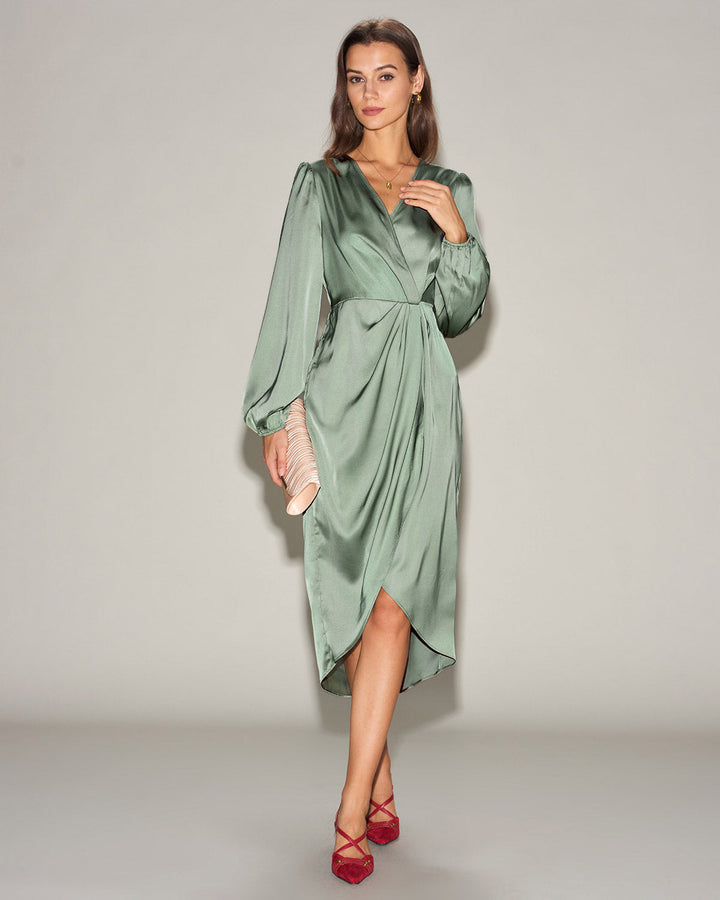 Green Satin Ruched Midi Dress