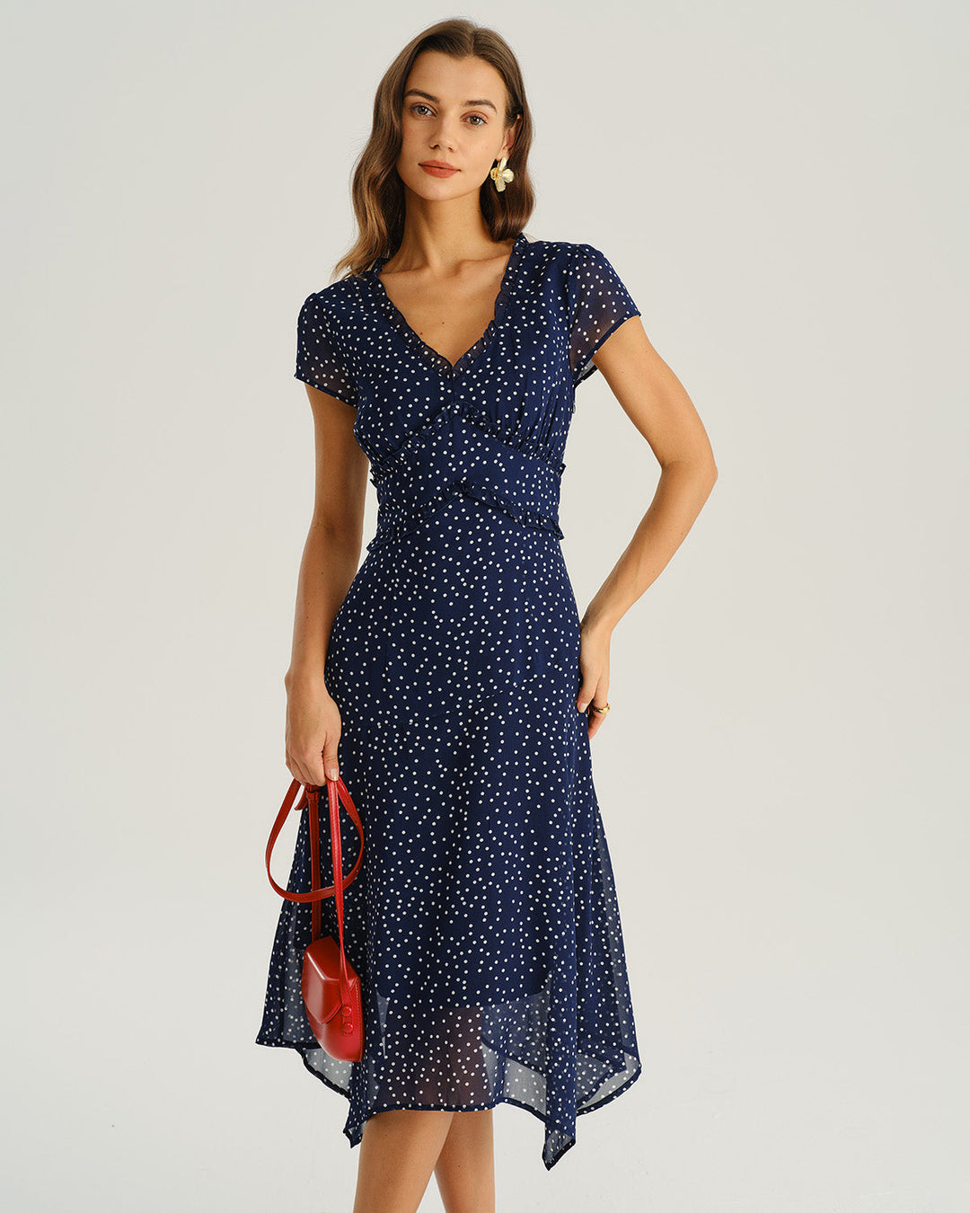 Navy Polka Dot Cap Sleeve Midi Dress