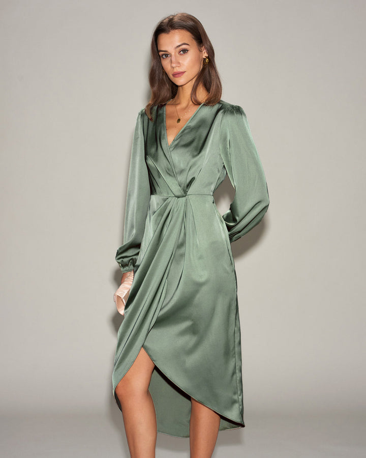 Green Satin Ruched Midi Dress