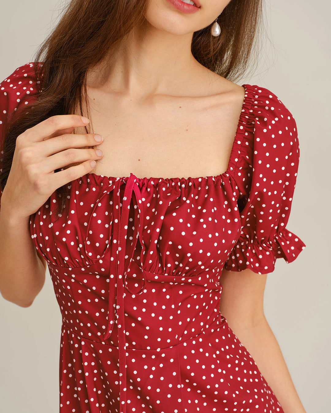 Red Polka Dot A-Line Square Neck Midi Dress