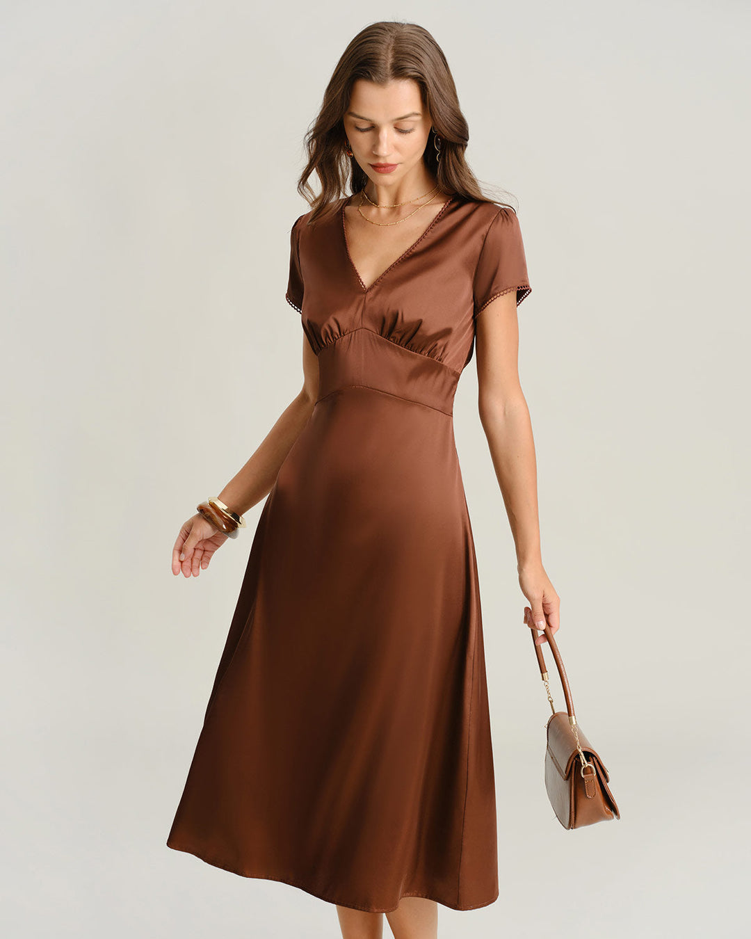 Brown V Neck Cap Sleeve Midi Dress
