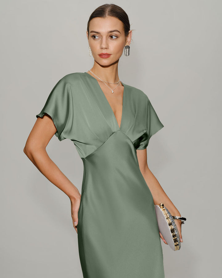 Green Satin V Neck A-Line Midi Dress