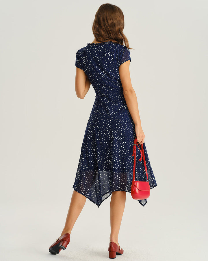 Navy Polka Dot Cap Sleeve Midi Dress