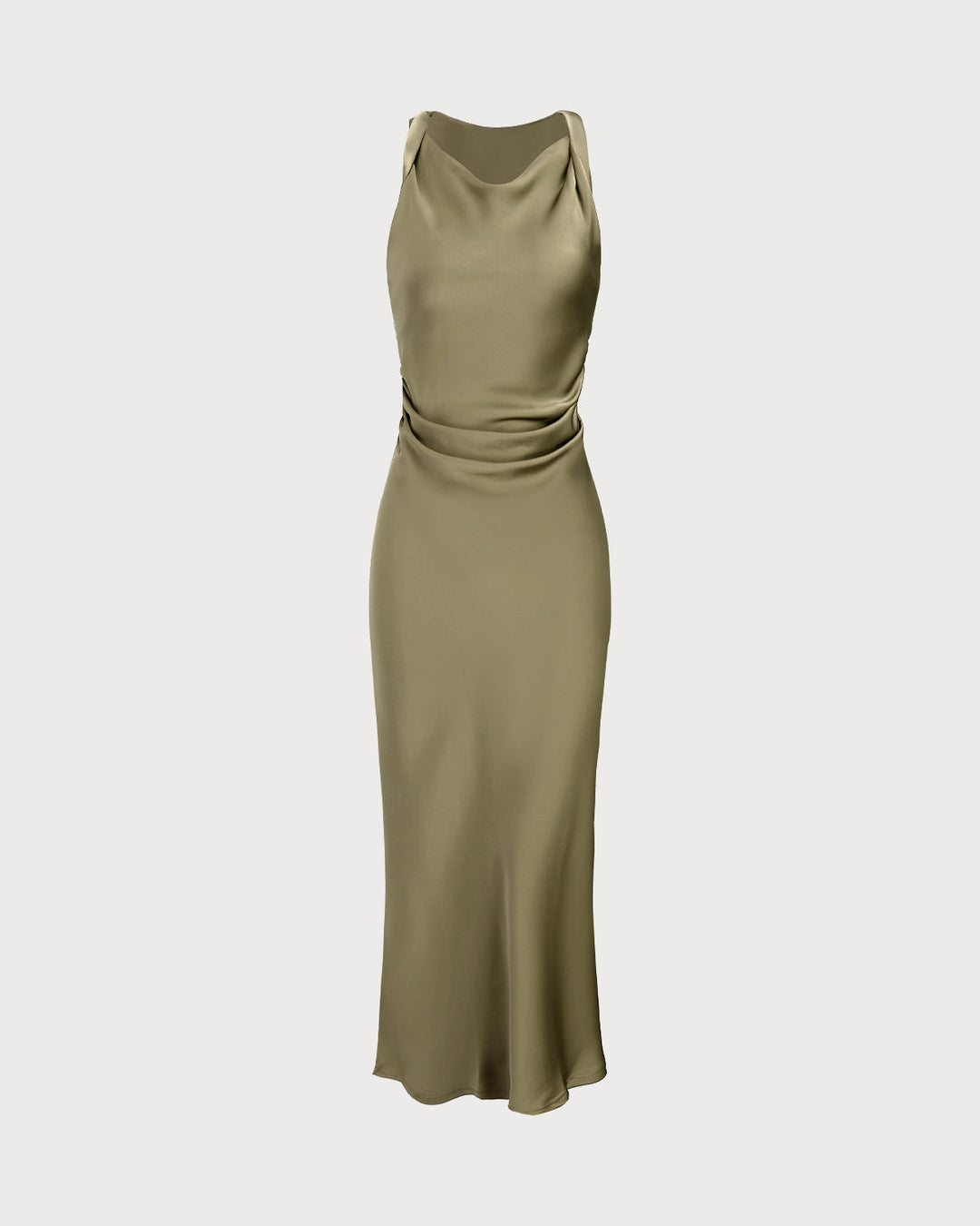 Green Satin Boat Neck Slip Midi Dress
