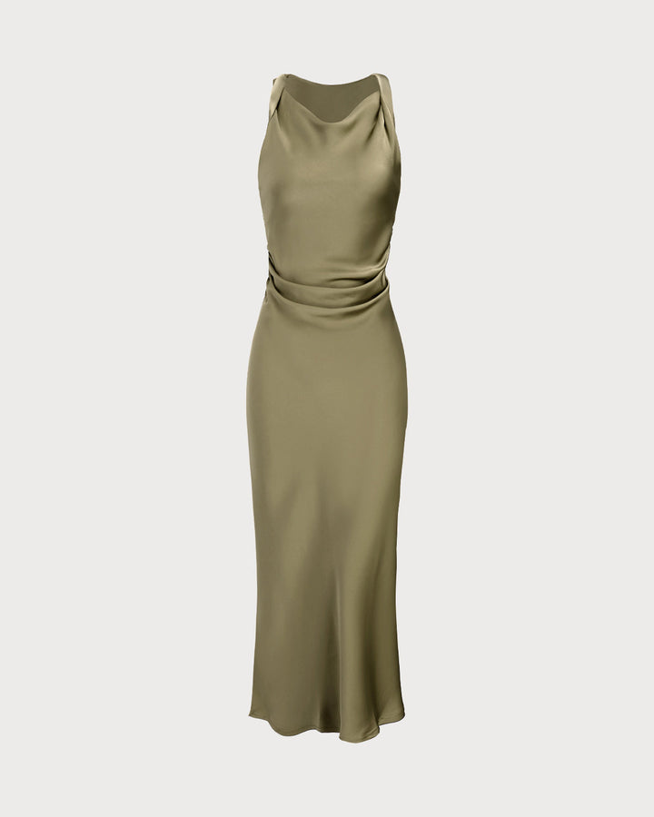 Green Satin Boat Neck Slip Midi Dress