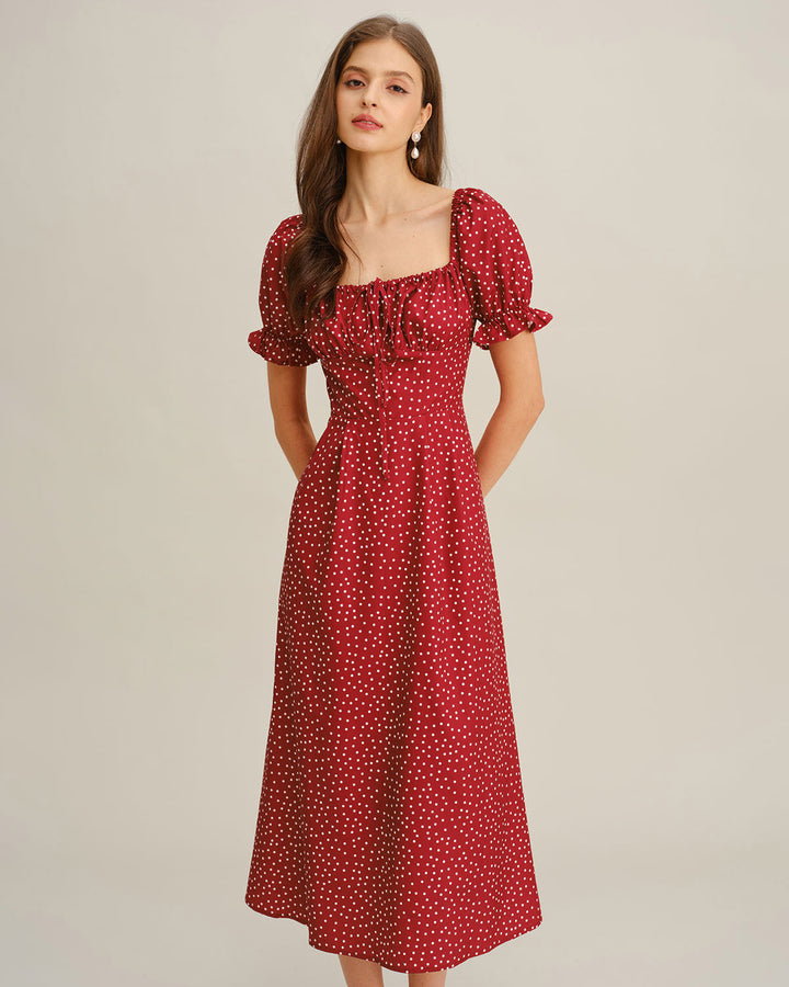 Red Polka Dot A-Line Square Neck Midi Dress