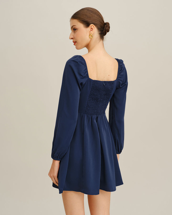Navy Puffed Sleeve A-Line Mini Dress