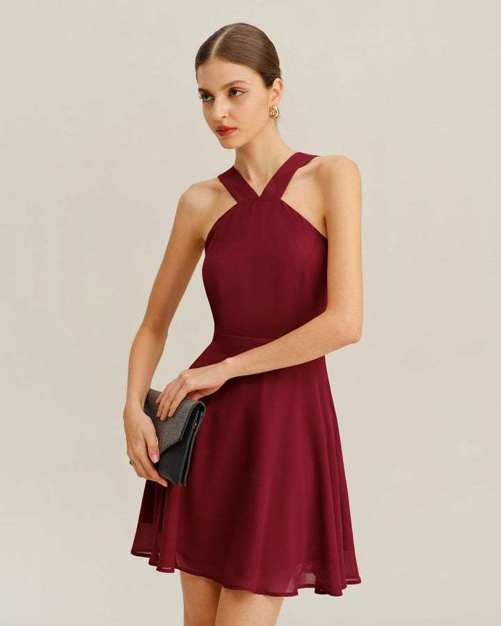 Wine Red Chiffon A-Line Sleeveless Mini Dress