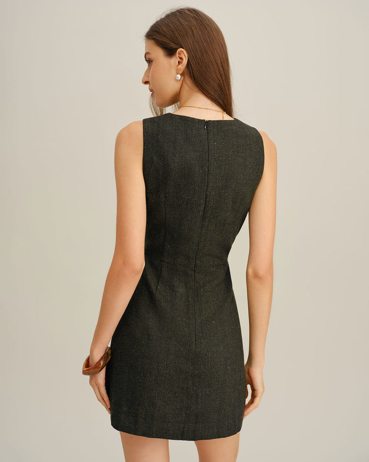 Dark Green V Neck Sleeveless Mini Dress