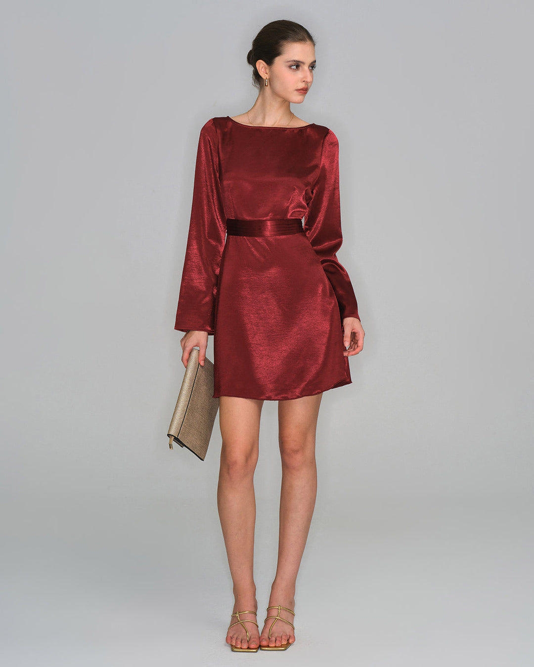 Wine Red Satin Bell Sleeve Mini Dress