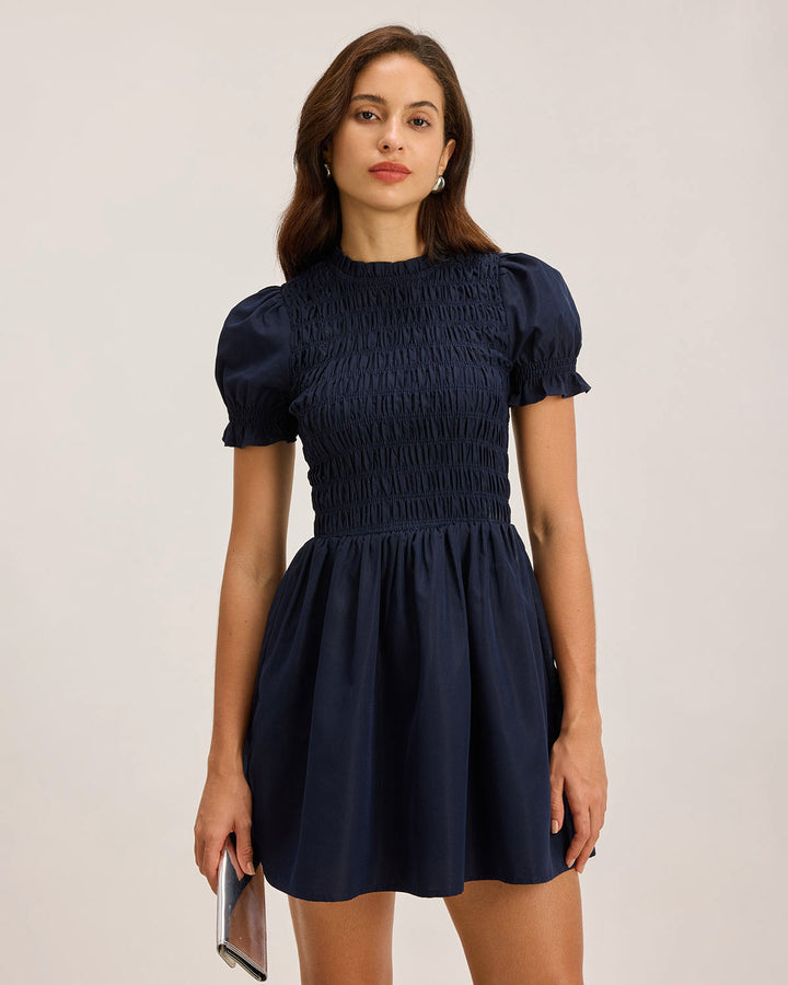 Blue Shirred Puffed Sleeve Mini Dress