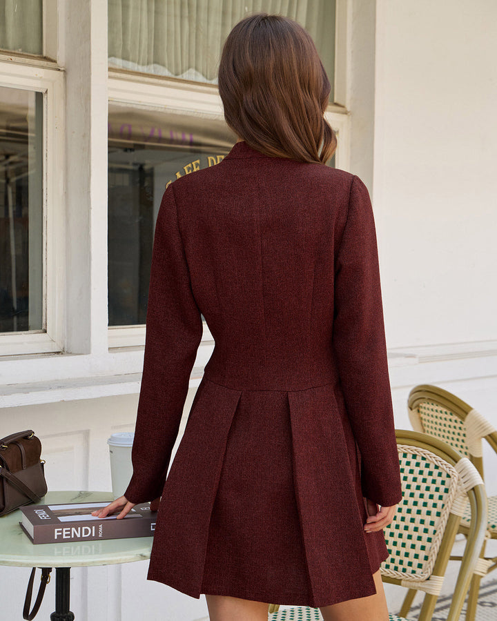 Wine Red Pleated Button Mini Dress