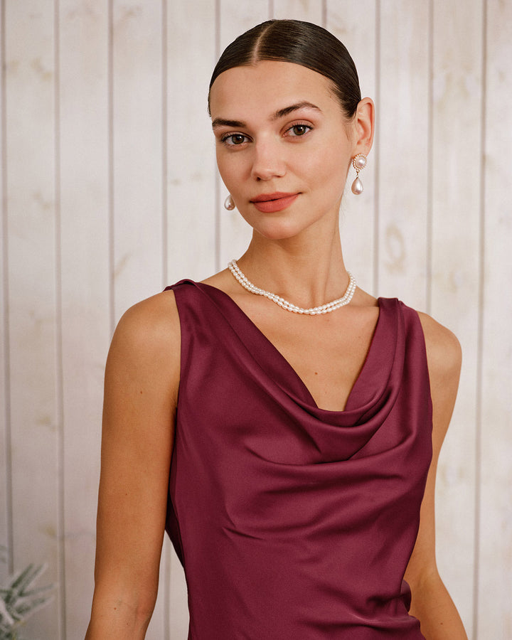 Wine Red Satin Cowl Neck Mini Dress
