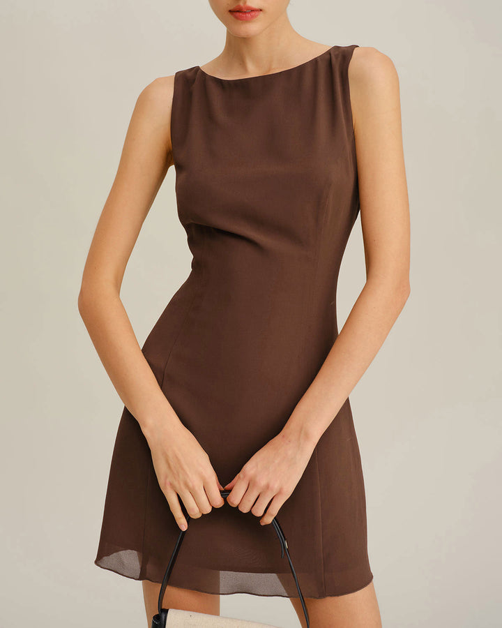 Coffee Round Neck Sleeveless Mini Dress