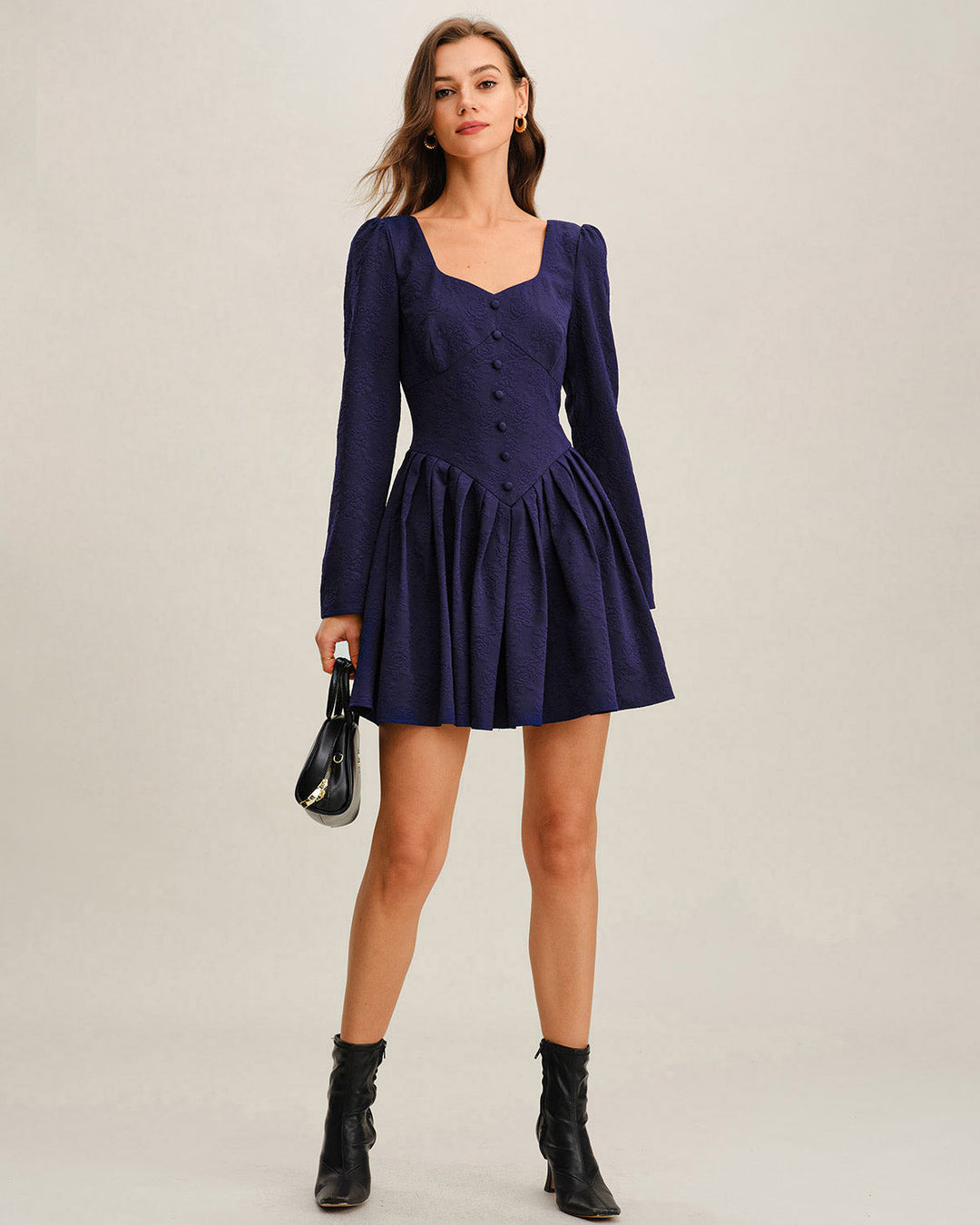 Navy V Neck Pleated Mini Dress