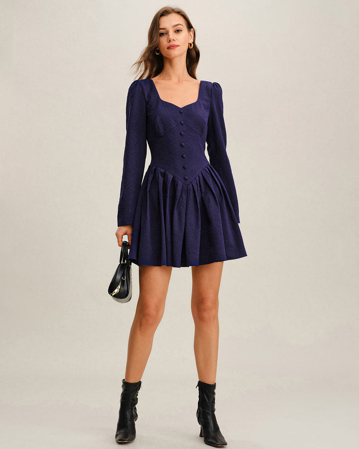 Navy V Neck Pleated Mini Dress