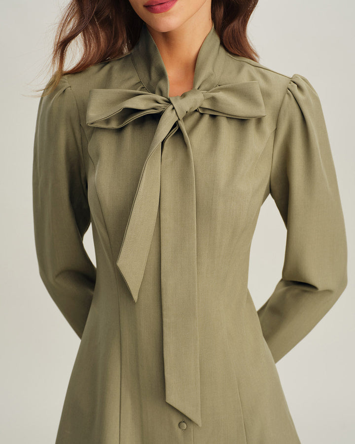 Green Tie Neck A-Line Mini Dress