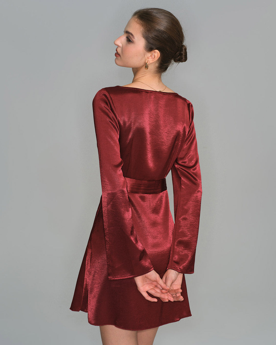 Wine Red Satin Bell Sleeve Mini Dress