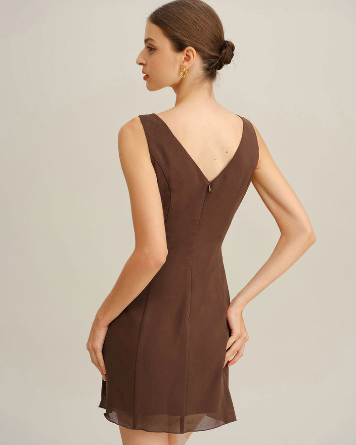 Coffee Round Neck Sleeveless Mini Dress