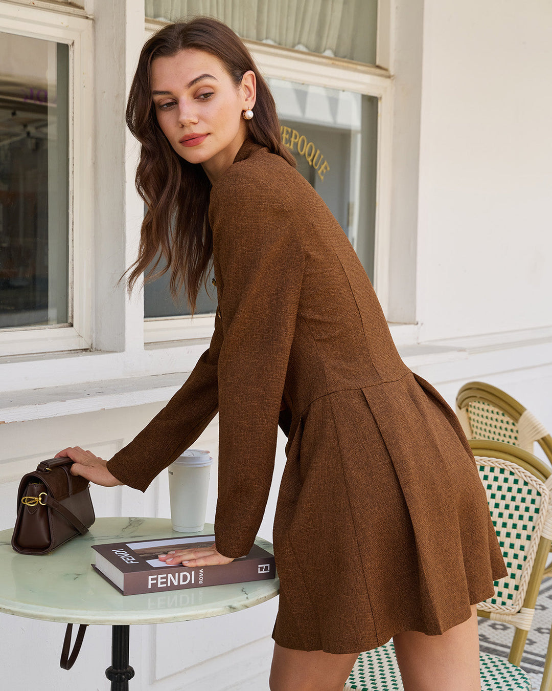 Brown Ruched Button A-Line Mini Dress