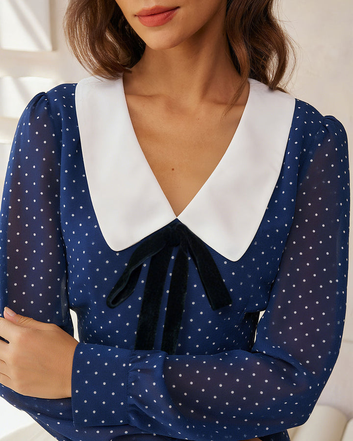 Blue Polka Dot Chiffon Mini Dress