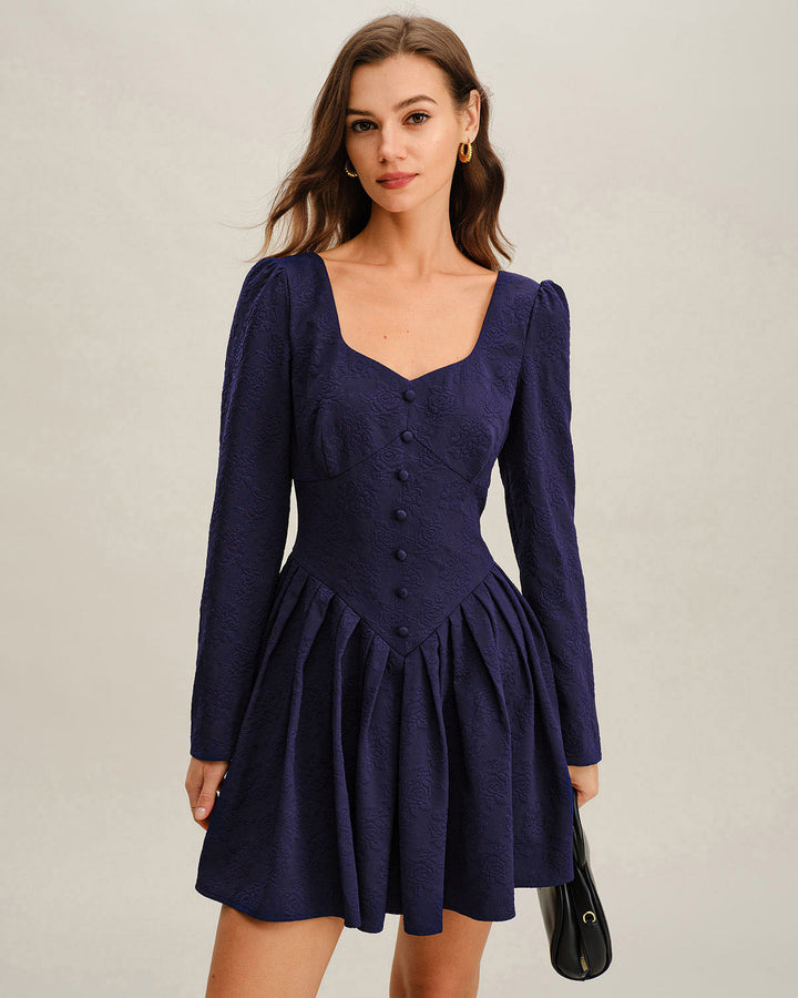 Navy V Neck Pleated Mini Dress