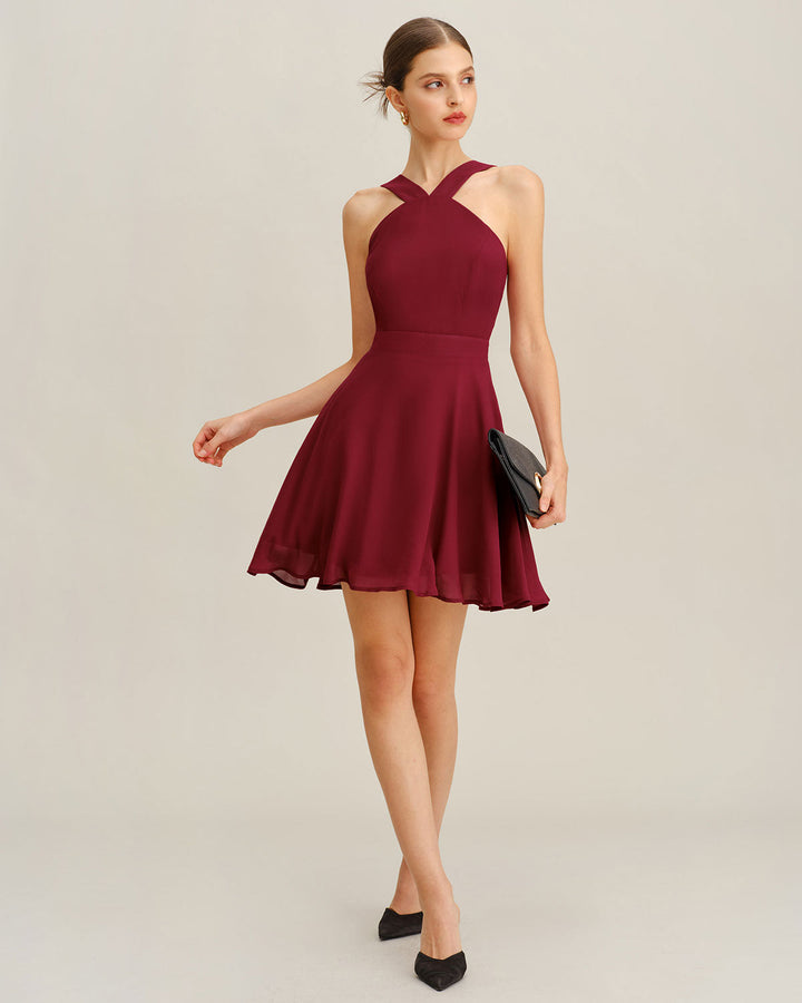 Wine Red Chiffon A-Line Sleeveless Mini Dress