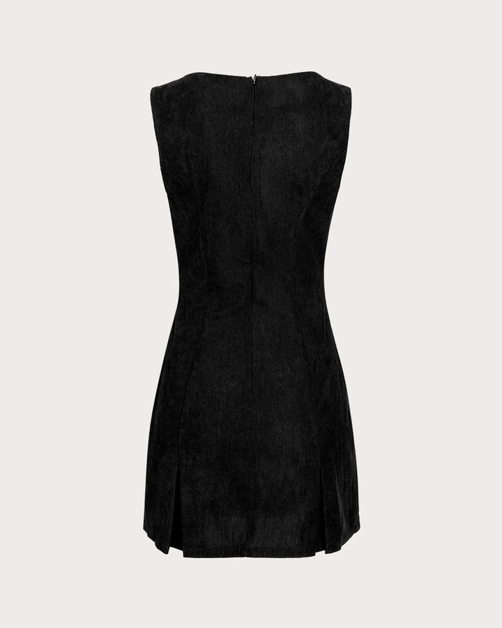 Black Boat Neck Corduroy Sleeveless Mini Dress