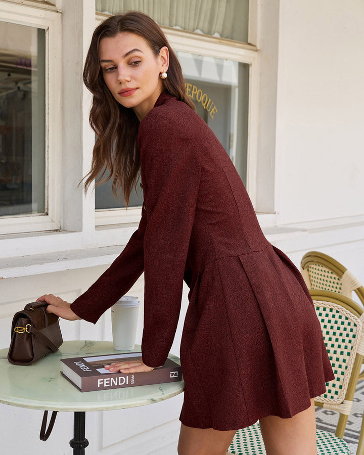 Wine Red Pleated Button Mini Dress