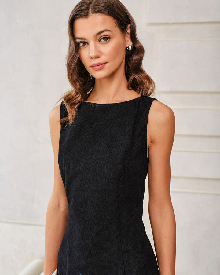 Black Boat Neck Corduroy Sleeveless Mini Dress