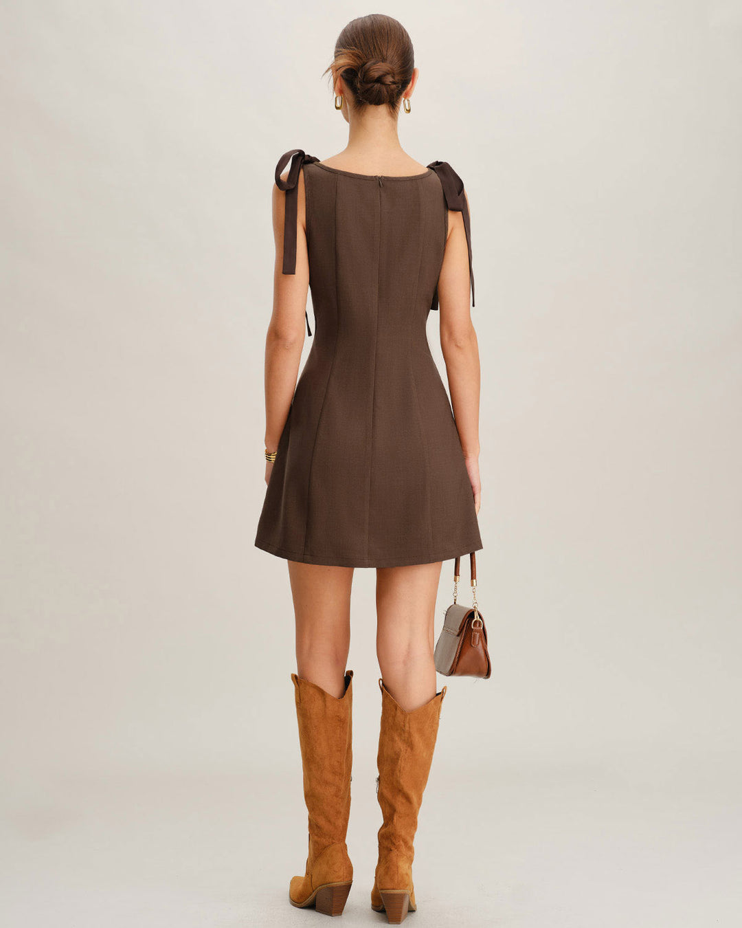 Coffee Boat Neck Tie Strap Mini Dress