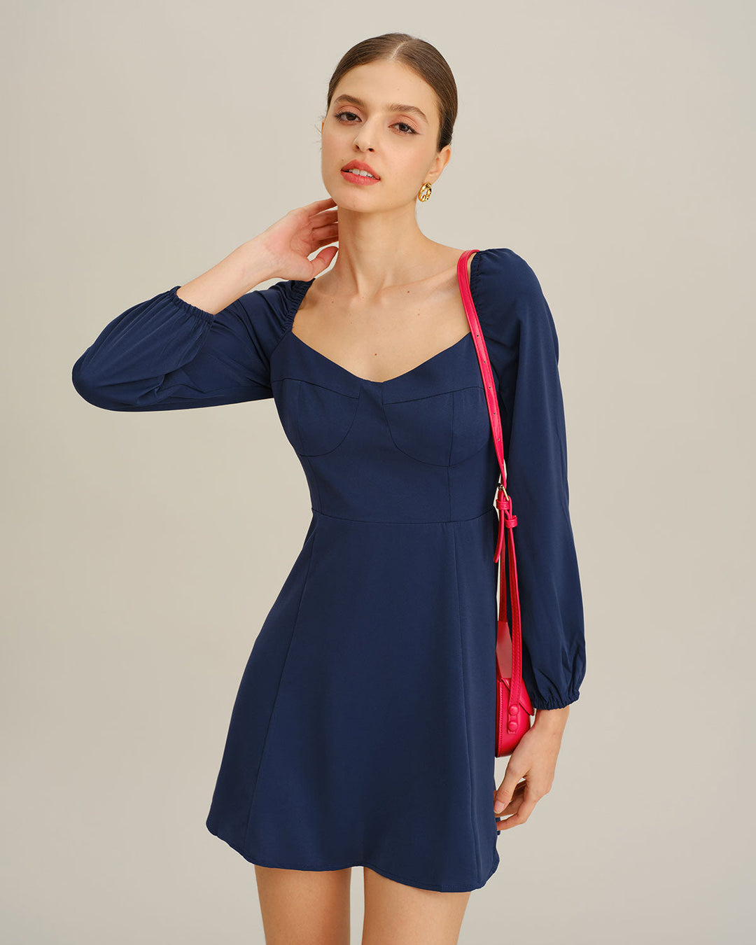 Navy Puffed Sleeve A-Line Mini Dress