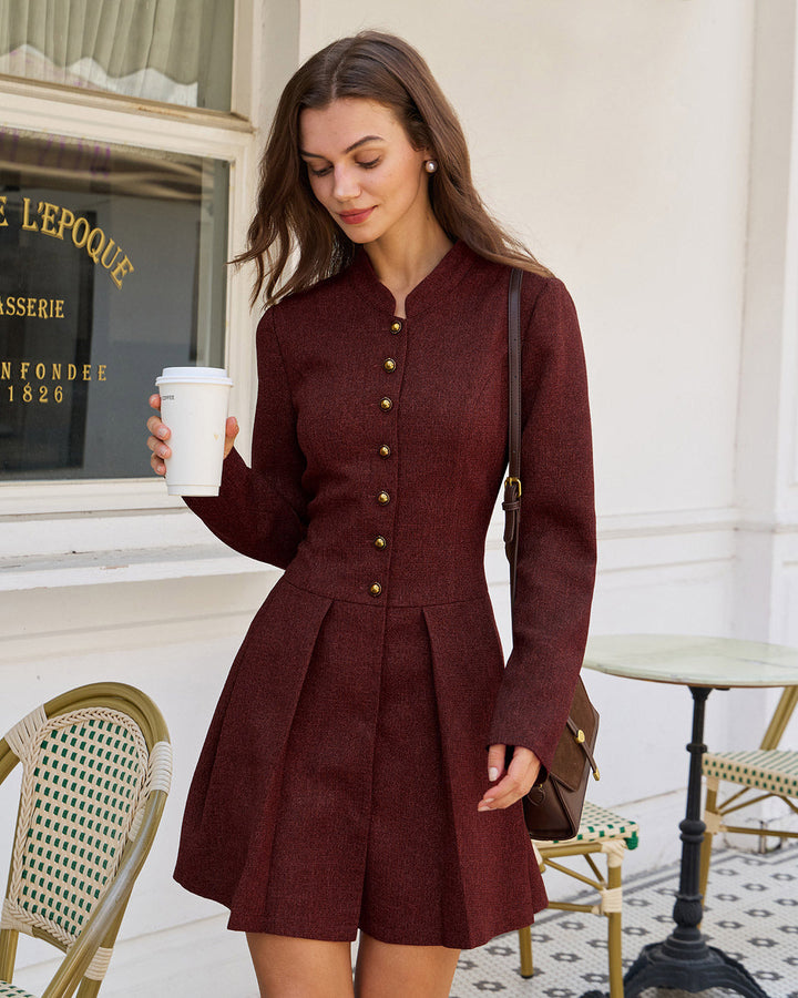 Wine Red Pleated Button Mini Dress