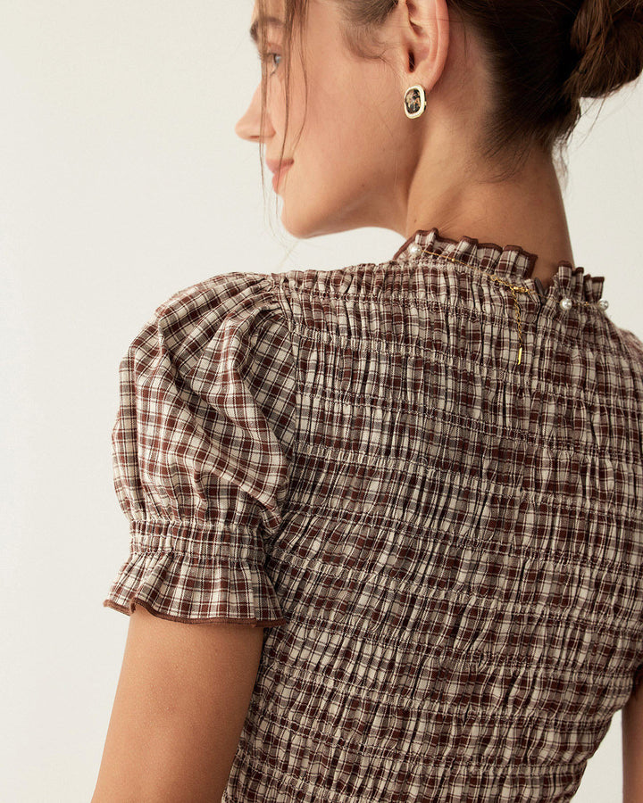 Coffee Plaid Puffed Sleeve Mini Dress