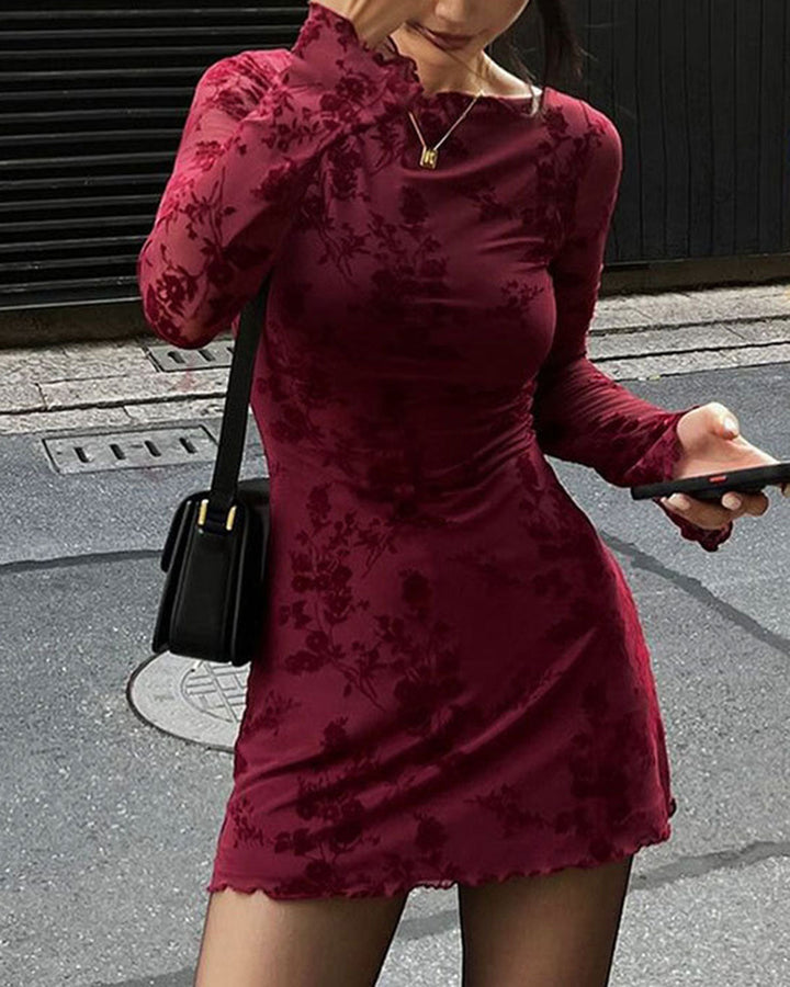 Red Floral Round Neck Mini Dress