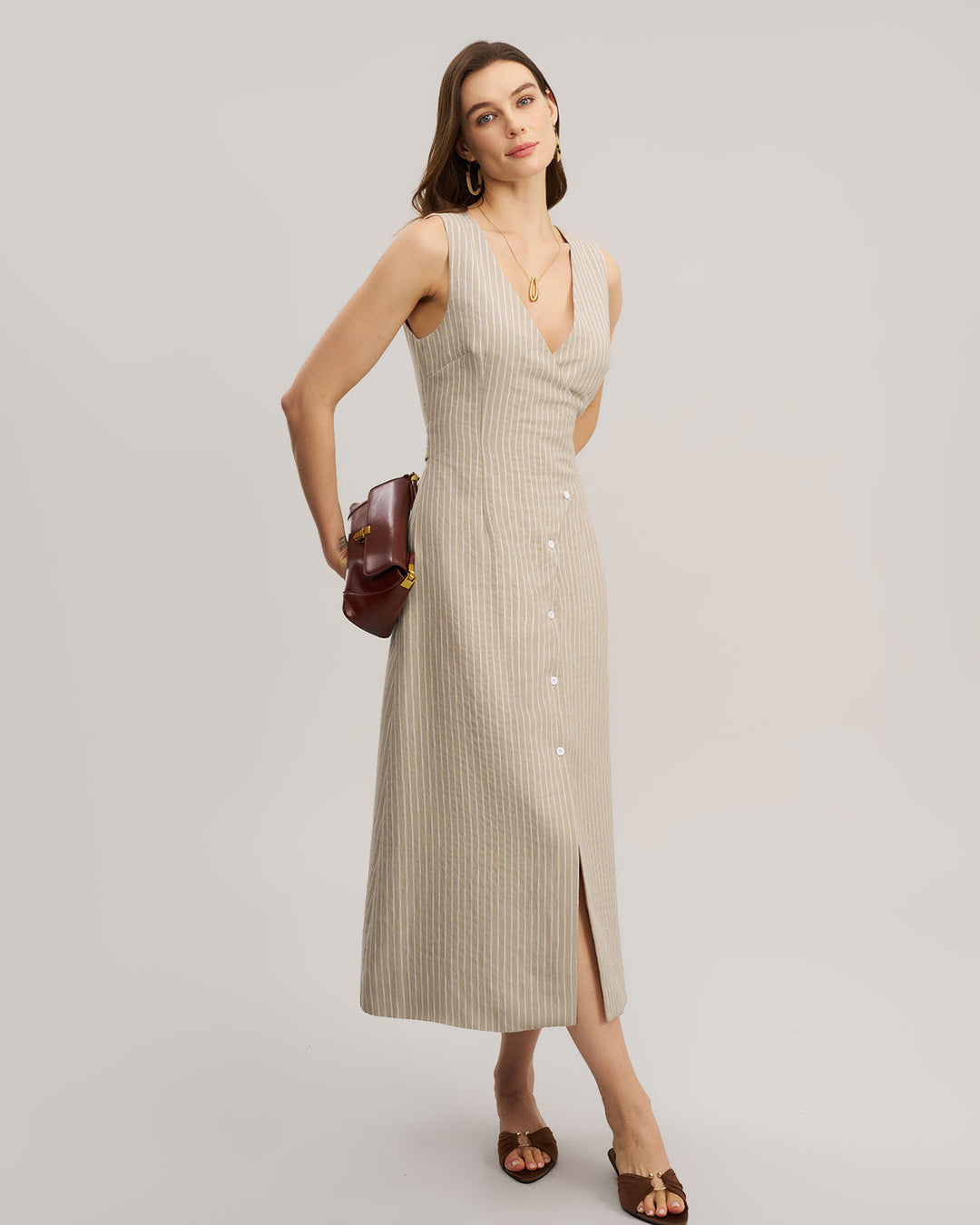 Khaki Striped V-Neck Sleeveless Maxi Dress