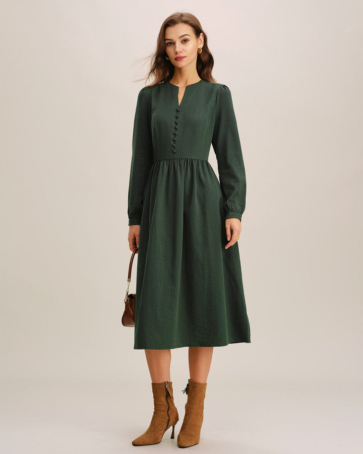 Green A-Line Pleated Midi Dress