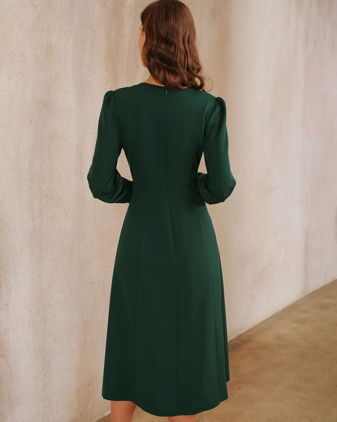 Green Ruched Button Midi Dress