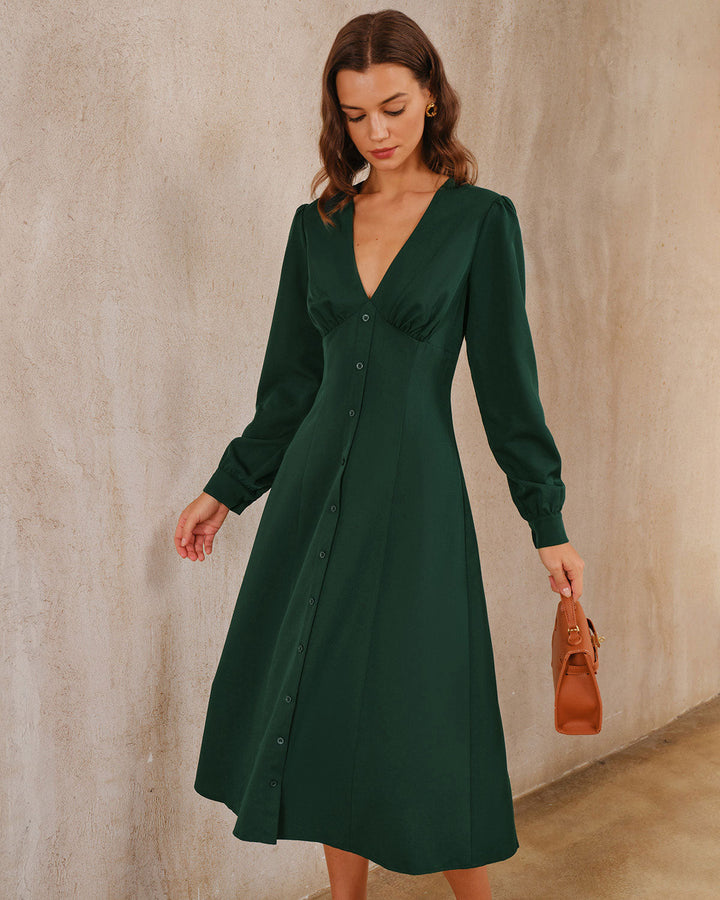 Green Ruched Button Midi Dress
